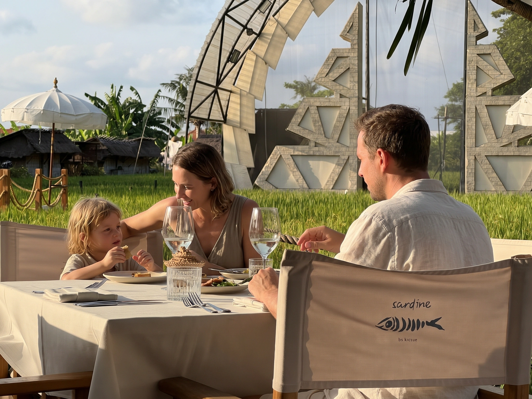 Family sitting together for lunch at Sardine Seminyak, a family friendly restaurant in Bali with rice field views