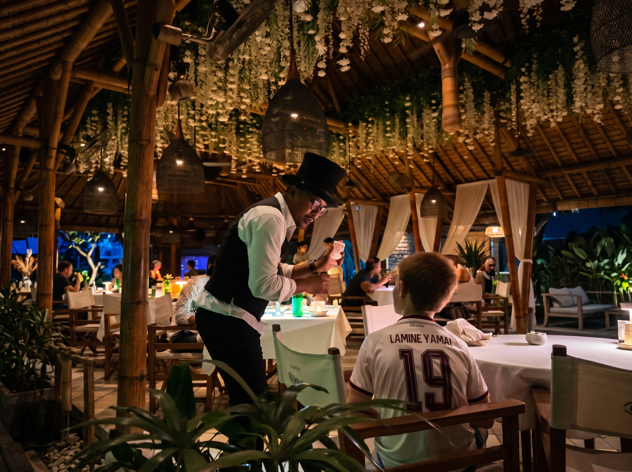 Close-up magic performed for guests at a restaurant with entertainment in Seminyak, Bali